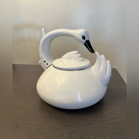 SOLD- Vintage Kamenstein Swan Kettle Whistling Tea Pot White Enamel Stove Top - Picture 2 of 10
